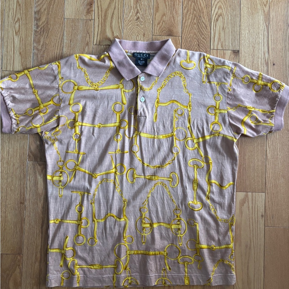 Gucci Men's Polo Shirt with Pink and Yellow Pattern